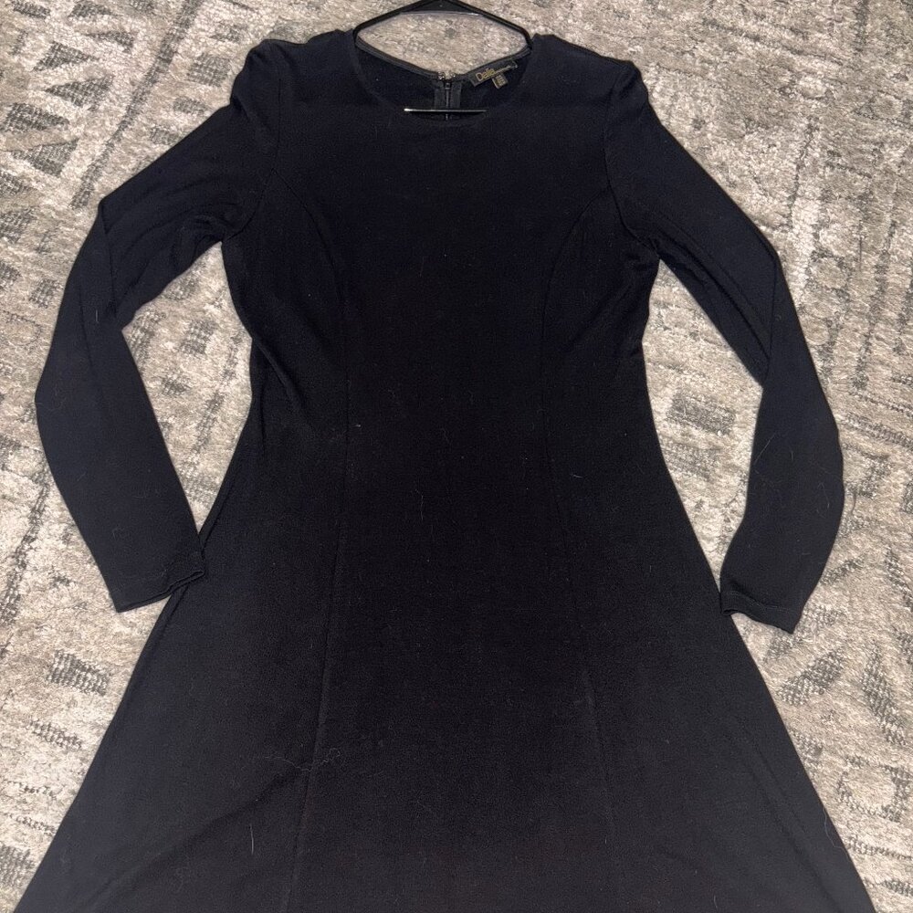 Dalia Long Sleeve Black Jersey Dress, Fit and Flare, Stretchy/Soft, Size M